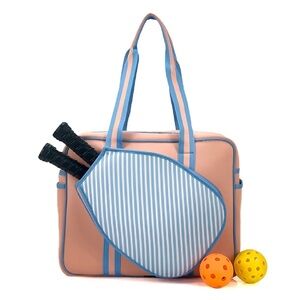 Striped Blue and Coral Orange Women's Pickleball Large Waterproof Sports Bag